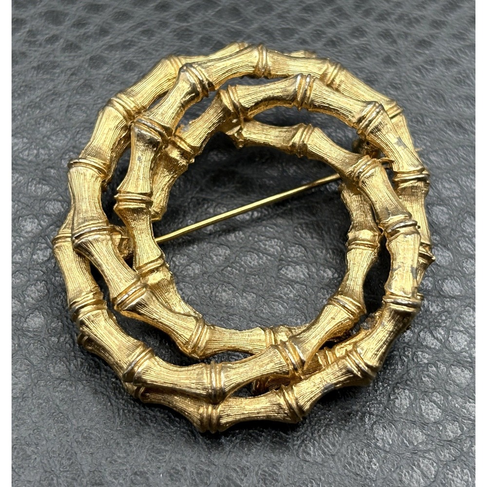Monet Vintage Gold Tone Textured Bamboo Double Circle Brooch Pin